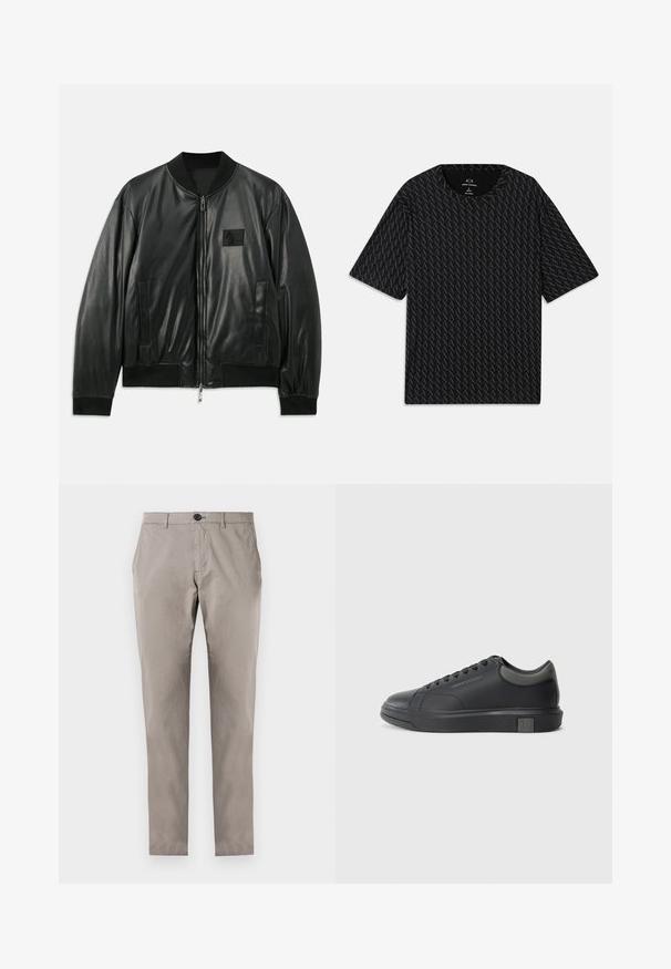 Fekete bőr bomber dzseki, cipzáras elülső résszel, bordázott mandzsettával és hemvel, valamint oldalsó zsebekkel; a mellkasán egy kis logó folt található.; Fekete póló, váltakozó 'A' logók textúrájával, rövid ujjakkal és kerek nyakkivágással. Könnyű anyagból készült.; Szürke pamut nadrág egyenes szabással, gombos záródással, elülső zsebekkel és sima textúrával. Nincs más látható részlet vagy minta.; Fekete bőrlábbeli sima felülettel, kerek orral és sötétszürke kiegészítőkkel. Fűzős kialakítású és texturált gumitalppal rendelkezik.