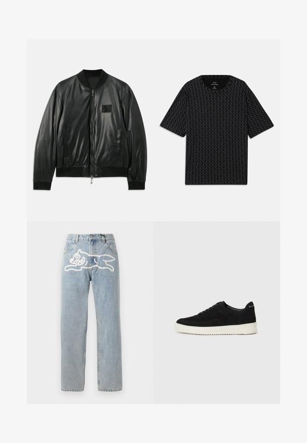 Melnas ādas bomber jakas ar rāvējslēdzēju priekšā, ribota aproces un apakšmalas, kā arī sānu kabatām; uz krūtīm ir neliels logo uzlīme.; Melna t-kreklu ar teksturētu pārveidojumu, kurā mijas 'A' logotipi, īsām piedurknēm un apaļu kakla izgriezumu. Izgatavots no viegla auduma.; Gai zila džinsu bikses ar taisnu griezumu, aizmugurē ar lielu balto kaķa grafiku. Klasisks piecu kabatu dizains.; Melnas zamšas kedas ar auklām un kontrastējošu baltu gumijas zoli. Iekļauj teksturētas sānu panēles un diskretu zīmolu uz papēža.