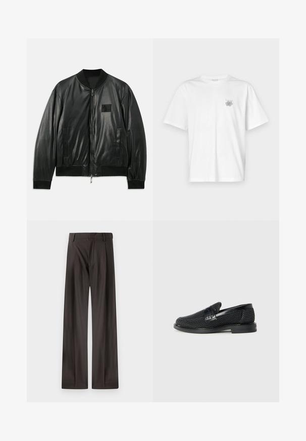 Svart lær bomberjakke med glidelås foran, ribbestrikkede mansjetter og nederkant, samt sidelommer; har et lite logo-patch på brystet.; Hvit T-skjorte laget av bomull, med korte ermer, rund hals og en liten grå logo på venstre brystområde. Smooth tekstur.; Vide bukser i mørkebrun stof. Har en glat overflade, struktureret talje og subtile frontfolder.; Sorte vevde slip-on sko med en glatt lærdetalj på overdelen, design med rund tå og en lavprofil gummisåle.