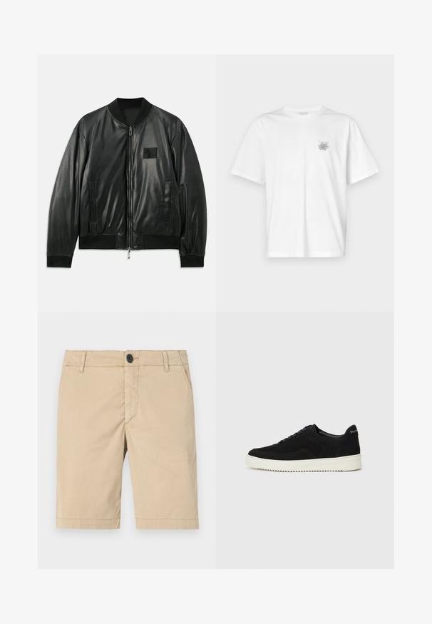 Svart lær bomberjakke med glidelås foran, ribbestrikkede mansjetter og nederkant, samt sidelommer; har et lite logo-patch på brystet.; Hvit T-skjorte laget av bomull, med korte ermer, rund hals og en liten grå logo på venstre brystområde. Smooth tekstur.; Kaki shorts laget av bomull. Har glidelås, knappelukking, frontlommer, sydd sømmer og flat foran design.; Svart semsket sneakers med snøring og kontrasterende hvit gummisåle. Har teksturerte sidepaneler og subtil merkevare på hælen.