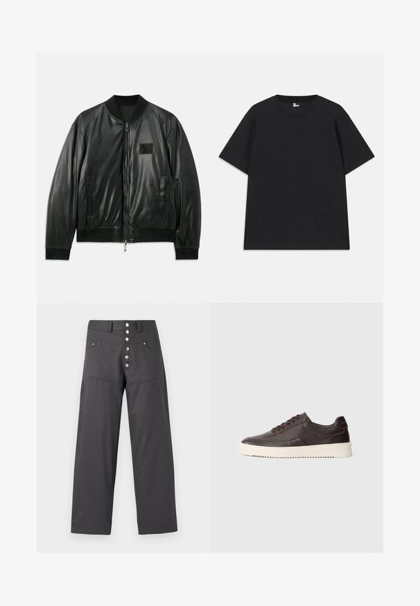 Zwarte leren bomberjack met een ritssluiting aan de voorkant, geribbelde manchetten en onderrand, en zijzakken; heeft een klein logo-opdruk op de borst.; Zwart kortebril T-shirt van katoen, met een ronde hals en een klein logo detail near de zoom. Gladde textuur, normale pasvorm.; Grijze wijde broek van lichtgewicht stof, met een knoopsluiting met vijf metalen knopen en twee voorzakken.; Donkerbruine leren sneakers met een getextureerde afwerking, ronde neus en een contrasterende crème rubberen zool. Voorzien van veters en subtiele stikseldetails.