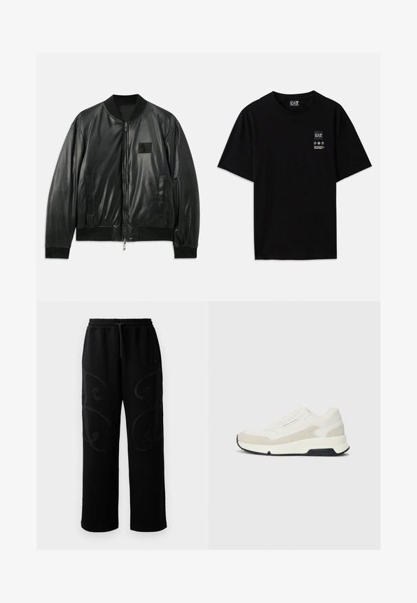 Melnas ādas bomber jakas ar rāvējslēdzēju priekšā, ribota aproces un apakšmalas, kā arī sānu kabatām; uz krūtīm ir neliels logo uzlīme.; Melnas kokvilnas T-krekls ar īsām piedurknēm, apaļo kakla izgriezumu un nelielu logotipa birku priekšpusē ar baltiem apzīmējumiem par kopšanu.; Melni sporta bikses ar brīvu piegriezumu, kas apvieno sarežģītus griezuma šuvju rakstus gar sāniem un elastīgu jostu ar auklu.; Baltas un bēšs zems apavi ar auklēm priekšpusē, melna zole, un "Armani Exchange" zīmols sānos un uz zoles.