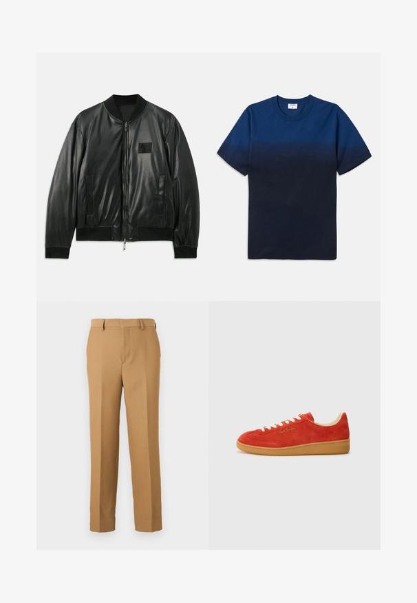 Jaqueta bomber de couro preta com fecho de correr à frente, punhos e barra canelados, e bolsos laterais; apresenta um pequeno emblema no peito.; T-shirt de algodão azul marinho com decote redondo, mangas curtas e um design de gradiente subtil que vai de tons mais claros para mais escuros.; Calças de fato bege, feitas de um tecido entrelaçado, com corte straight, frente lisa e passantes para cinto. Textura suave sem padrões visíveis.; Sneaker de camurça vermelha com atacadores brancos, sola de borracha bege e marcação dourada de lado. Bico arredondado e design de perfil baixo.