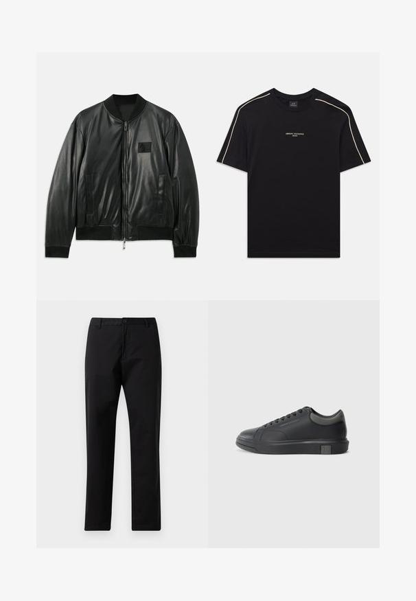 Črna usnjena bomber jakna z zadrgo na sprednji strani, rebrastimi manšetami in robom ter stranskimi žepi; ima majhen logotipni žep na prsih.; Črna bombažna majica s kratkimi rokavi, okroglim izrezom, bež akcentnimi šivi na ramenskih šivih in logotipom ARMANI EXCHANGE na sredini.; Črne trdne hlače z ravnimi nogami, z gumbom in zadrgo, z luknjami za pas in sprednjimi žepi, prikazane na belem ozadju.; Črne usnjene teniske s gladko površino, zaobljenim prstom in temno sivo akcenti. Imajo sistem vezanja in teksturiran gumijast podplat.