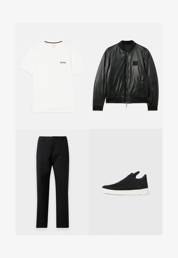 Černá kožená bomber bunda se zipem vpředu, žebrovanými manžetami a lemem a bočními kapsami; má malou nášivku loga na hrudi.; Bílý bavlněný tričko s krátkým rukávem. Má malé barevně vyšívané logo na levé hrudi a pruhovaný lem krku.; Černé rovné kalhoty se zapínáním na knoflík a zip, s poutky na opasek a předními kapsami, vystavené na bílém pozadí.; Černé semišové tenisky s bílou gumovou podrážkou, s tónovým prošitím a šněrováním. Hladký povrch s moderním, aerodynamickým tvarem.
