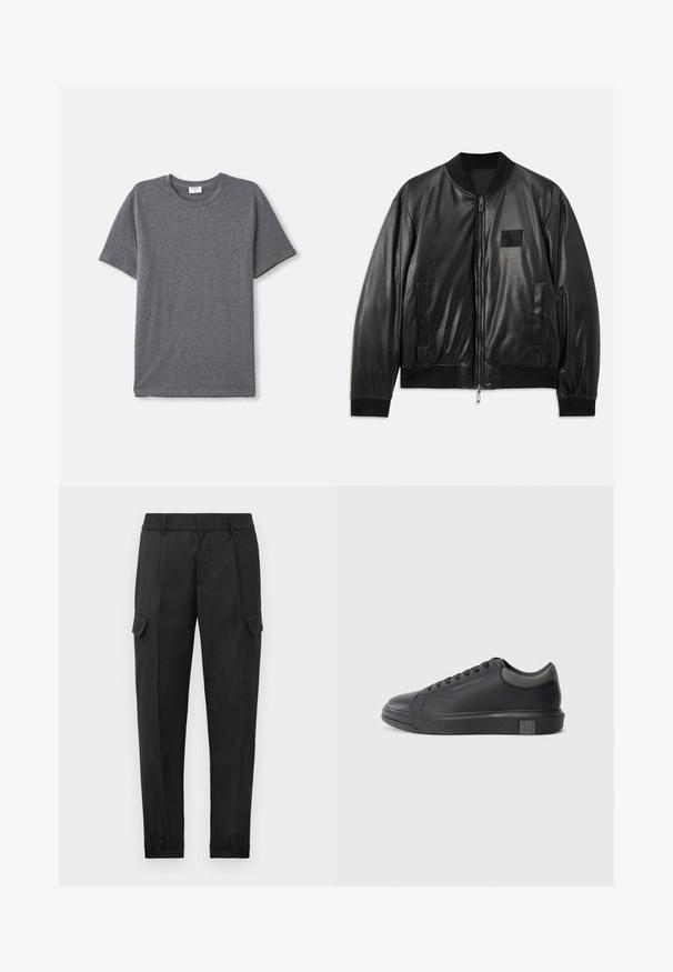 Black leather bomber jacket with a zip front, ribbed cuffs and hem, and side pockets; features a small logo patch on the chest.; Gray short-sleeve t-shirt made of soft, smooth fabric. Classic crew neckline with a relaxed fit and no prominent design features.; Black cargo pants with an elastic waistband, tapered leg, side pockets, and a single cargo pocket on the left thigh. Smooth texture.; Black leather sneaker with a smooth finish, rounded toe, and dark grey accents. Features lace-up design and textured rubber sole.