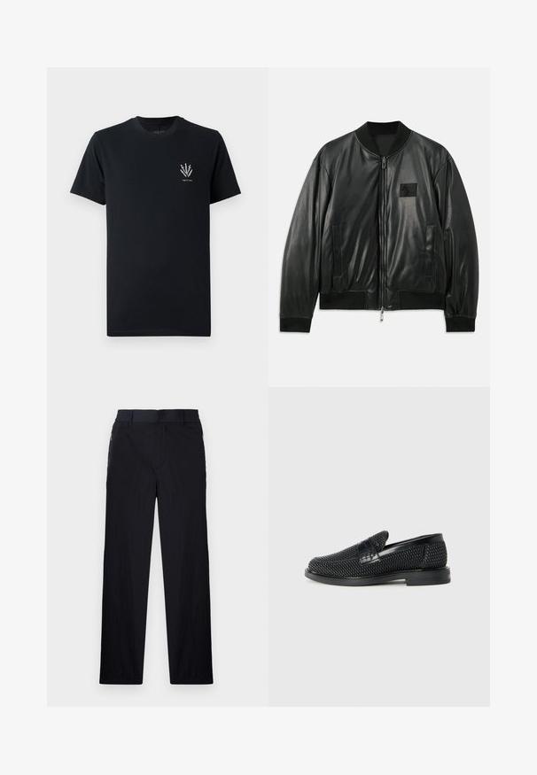 Fekete bőr bomber dzseki, cipzáras elülső résszel, bordázott mandzsettával és hemvel, valamint oldalsó zsebekkel; a mellkasán egy kis logó folt található.; Fekete pamut póló kerek nyakkivágással, rövid ujjakkal, bal mellrészen kis fehér kardok grafikával.; Fekete nadrág könnyű, textúrált anyagból, egyenes szárú kialakítással, rugalmas derékpánttal és oldalsó cipzáras zsebekkel.; Fekete szőtt slip-on cipő sima bőr díszítéssel a felsőrészen, kerek orral és alacsony profilos gumitalppal.