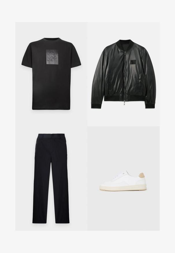 Jaqueta bomber de couro preta com fecho de correr à frente, punhos e barra canelados, e bolsos laterais; apresenta um pequeno emblema no peito.; Camiseta de algodão preta com um gráfico texturizado em forma de quadrado na frente, apresentando um logótipo estilizado. Mangas curtas e decote redondo.; Calças pretas com um tecido leve e texturizado, design de pernas retas, cintura elástica e bolsos laterais com fecho.; Sapatilhas brancas de cano baixo com parte superior em couro texturizado, sola cream estriada e detalhe em tan no calcanhar. Apresenta atacadores brancos e detalhe do logótipo no calcanhar.
