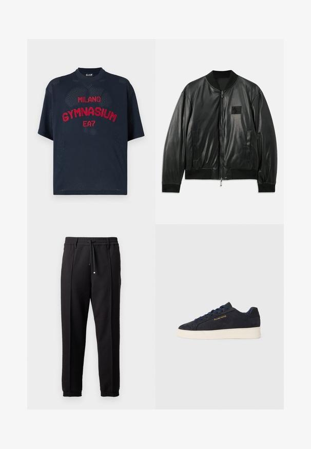 Black leather bomber jacket with a zip front, ribbed cuffs and hem, and side pockets; features a small logo patch on the chest.; Navy blue short-sleeve mesh t-shirt with red "MILANO GYMNASIUM EA7" embroidery, featuring a round neck and a relaxed fit design.; Black trousers with a waistband, drawstring, and elastic cuffs. Features pleats and a smooth, textured fabric.; Navy blue suede low-top sneaker with white sole, navy laces, and "Filling Pieces" logo in gold on the side.