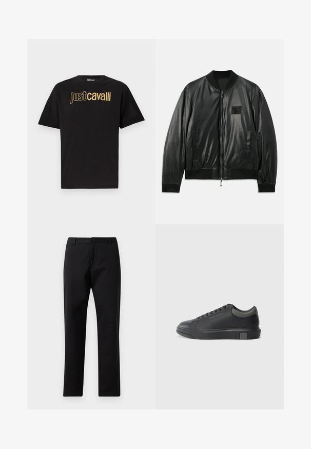 Melnas ādas bomber jakas ar rāvējslēdzēju priekšā, ribota aproces un apakšmalas, kā arī sānu kabatām; uz krūtīm ir neliels logo uzlīme.; Melna kokvilnas T-kreklu ar lielu zelta "Just Cavalli" logotipu krūšu daļā. Klasisks apaļais kakla izgriezums un īsas piedurknes.; Melni taisni bikses ar pogu un rāvējslēdzēja aizdari, jostas cilpām un priekšējiem kabatām, izliktas uz baltas fona.; Melna ādas sporta apavi ar gludu apdari, noapaļotu purngali un tumši pelēkiem akcentiem. Aprīkoti ar šņorēšanas dizainu un strukturētu gumijas zoli.