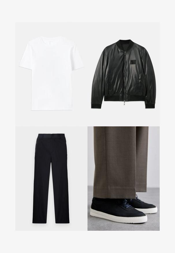 Jaqueta bomber de couro preta com fecho de correr à frente, punhos e barra canelados, e bolsos laterais; apresenta um pequeno emblema no peito.; T-shirt branca de algodão com um design clássico de gola redonda e mangas curtas, apresentando uma textura suave e um corte regular.; Calças pretas com um tecido leve e texturizado, design de pernas retas, cintura elástica e bolsos laterais com fecho.; Sapatilhas de camurça pretas com solas de borracha brancas, apresentando um bico arredondado e atacadores, usadas com calças cinzas ajustadas.
