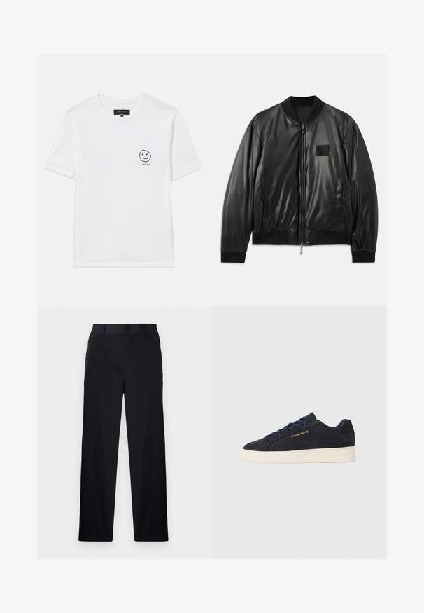Veste bomber en cuir noir avec fermeture éclair à l'avant, poignets et ourlet côtelés, et poches latérales ; comporte un petit patch logo sur la poitrine.; T-shirt en coton blanc avec un col rond et des manches courtes. Un petit graphique noir d'un smiley avec des yeux en 'x' sur le côté gauche de la poitrine.; Pantalon noir en tissu léger et texturé, avec une coupe droite, une taille élastique et des poches zippées sur les côtés.; Baskets basses en daim bleu marine avec semelle blanche, lacets bleu marine et logo "Filling Pieces" en or sur le côté.