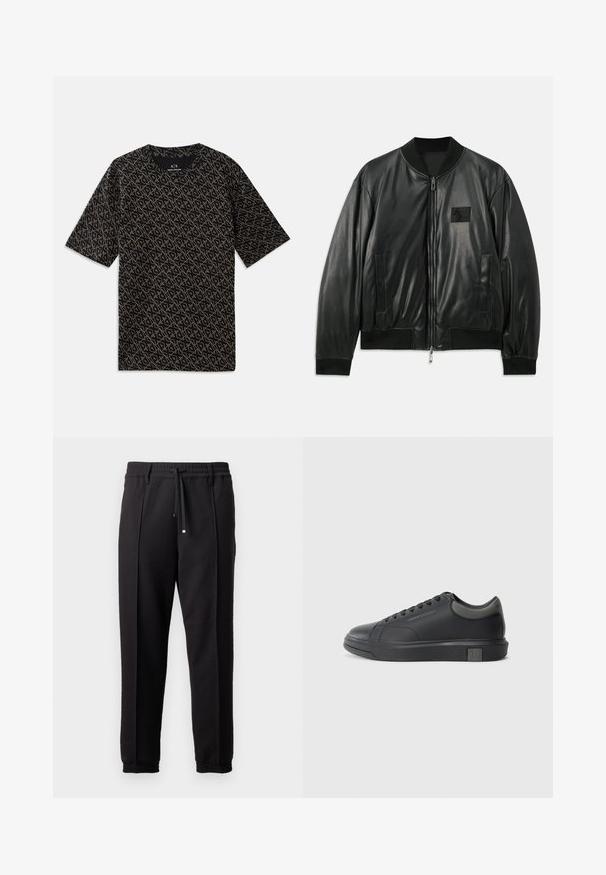 Černá kožená bomber bunda se zipem vpředu, žebrovanými manžetami a lemem a bočními kapsami; má malou nášivku loga na hrudi.; Černé tričko s celoplošným geometrickým vzorem ve zlaté barvě. Krátké rukávy, kulatý výstřih, lehká tkanina, volný střih.; Černé kalhoty s páskem, šňůrkou na stažení a elastickými manžetami. Obsahují sklady a hladkou, strukturovanou látku.; Černé kožené tenisky s hladkým povrchem, zaoblenou špičkou a tmavě šedými akcenty. Disponují šněrovacím designem a texturovanou gumovou podrážkou.