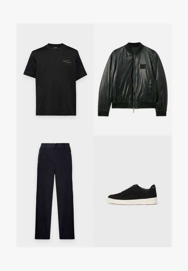 Crna kožna bomber jakna s patentnim zatvaračem sprijeda, rebrastim čarapa i porubom, te bočnim džepovima; s malom logom oznakom na prsima.; Emporio Armani Majica kratkih rukava s printom - black; Crne hlače od lagane, teksturirane tkanine, ravnog kroja, s elastičnom gumicom u struku i bočnim džepovima sa zatvaračem.; Crne nubuk tenisice s vezanjem i kontrastnom bijelom gumenom potplatom. Imaju teksturirane bočne panele i suptilno brendiranje na peti.