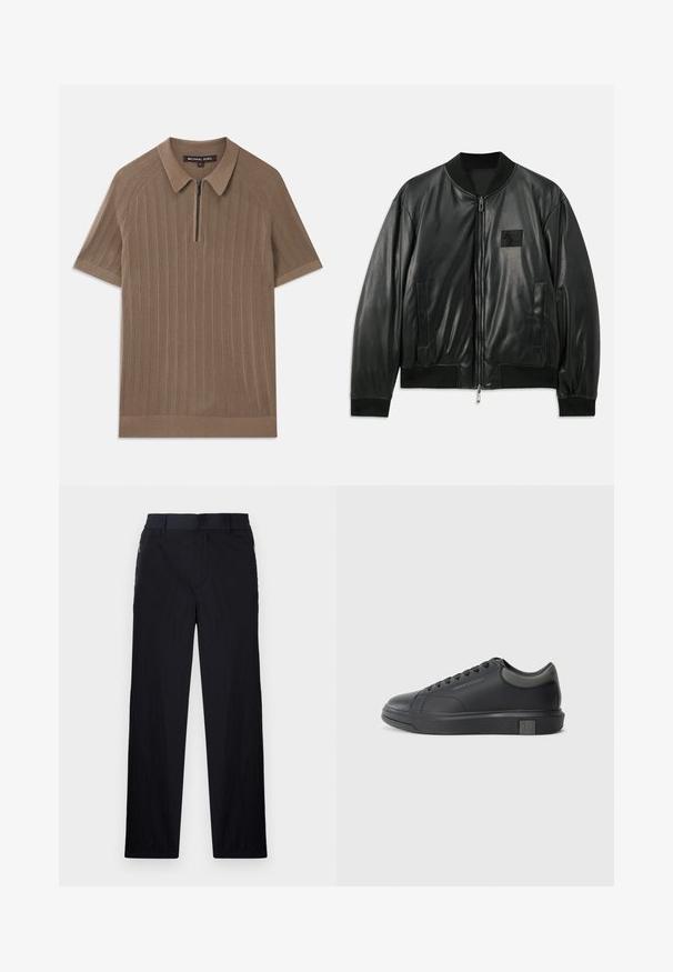 Schwarze Leder-Bomberjacke mit einem Reißverschluss vorne, gerippten Bündchen und Saum sowie seitlichen Taschen; verfügt über ein kleines Logo-Patch auf der Brust.; Braunes, geripptes kurzärmliges Poloshirt mit Kragen und halbem Reißverschluss vorne, Etikett Michael Kors, Größe M.; Schwarze Hose aus leichtem, strukturiertem Stoff, mit geradem Bein, elastischem Bund und seitlichen Reißverschlusstaschen.; Schwarze Ledersneaker mit glatter Oberfläche, runder Zehenpartie und dunkelgrauen Akzenten. Verfügt über ein Schnürdesign und eine strukturierte Gummisohle.