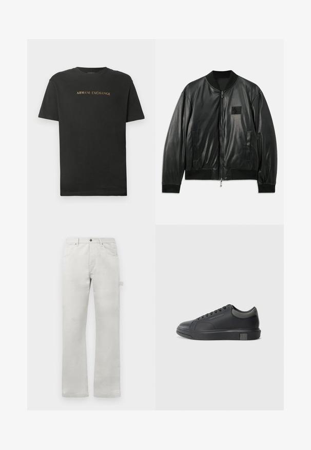 Musta nahast bomber-jakk, millel on lukuga esiosa, ribakäised ja alläär, samuti küljetaskud; rinnal on väike logopatch.; Must mustagaid, lühikeste varrukatega, ümmarguse kaelusega T-särk, millel on rinnaesisel kuldsete tähtedega trükitud "ARMANI EXCHANGE".; Heledad hallid püksid sirge lõikega, valmistatud siledast puuvillakangast, millel on ees taskud ja küljetasku.; Musthave mustad nahk sneaker sileda viimistlusega, ümarate varvaste ja tummiste hallide aktsentidega. Omab paeltega kinnitust ja tekstureeritud kummist talla.
