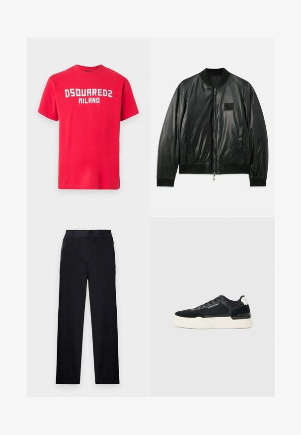 Crna kožna bomber jakna s patentnim zatvaračem sprijeda, rebrastim čarapa i porubom, te bočnim džepovima; s malom logom oznakom na prsima.; Crvena pamučna majica kratkih rukava s okruglim izrezom. Na prednjem dijelu istaknuti bijeli natpis "DSQUARED2 MILANO". Glatka tekstura.; Crne hlače od lagane, teksturirane tkanine, ravnog kroja, s elastičnom gumicom u struku i bočnim džepovima sa zatvaračem.; Crne tenisice od mrežaste tkanine i kože, s debelim bijelim potplatom i kontrastnim detaljima. Šnure i logo detalj sa strane.