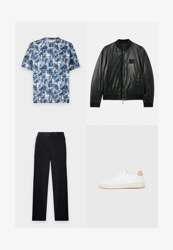 Μαύρο δερμάτινο μπουφάν τύπου bomber με φερμουάρ μπροστά, ραμμένα μανίκια και στρίφωμα, και πλαϊνές τσέπες; διαθέτει ένα μικρό λογότυπο στην μπροστινή μεριά του στήθους.; T-shirt κοντό μανίκι με σχέδιο φοίνικα σε μπλε και άσπρο. Φτιαγμένο από μαλακό ύφασμα, διαθέτει κλασικό λαιμόκοψη και άνετη εφαρμογή.; Μαύρο παντελόνι με ελαφρύ, υφασματοποιημένο φινίρισμα, ευθύ γραμμή, ελαστική ζώνη στη μέση και πλαϊνές τσέπες με φερμουάρ.; Λευκά sneakers χαμηλού τύπου με άνω μέρος από υφασμάτινο δέρμα, κρεμίζω με λοξές αντιθέσεις και κάλυμμα τακουνιού σε καφέ απόχρωση. Διαθέτουν λευκά κορδόνια και λεπτομέρεια λογότυπου στο τακούνι.