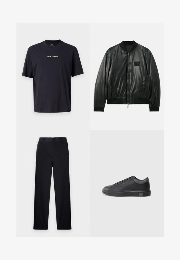 Jaqueta bomber de couro preta com fecho de correr à frente, punhos e barra canelados, e bolsos laterais; apresenta um pequeno emblema no peito.; Camiseta de algodão preta com mangas curtas e decote redondo. Apresenta o texto branco "ARMANI EXCHANGE" ao longo do peito. Design simples e casual.; Calças pretas com um tecido leve e texturizado, design de pernas retas, cintura elástica e bolsos laterais com fecho.; Sapatilha de couro preto com acabamento suave, bico arredondado e detalhes em cinza escuro. Apresenta um design de atacadores e sola de borracha texturizada.