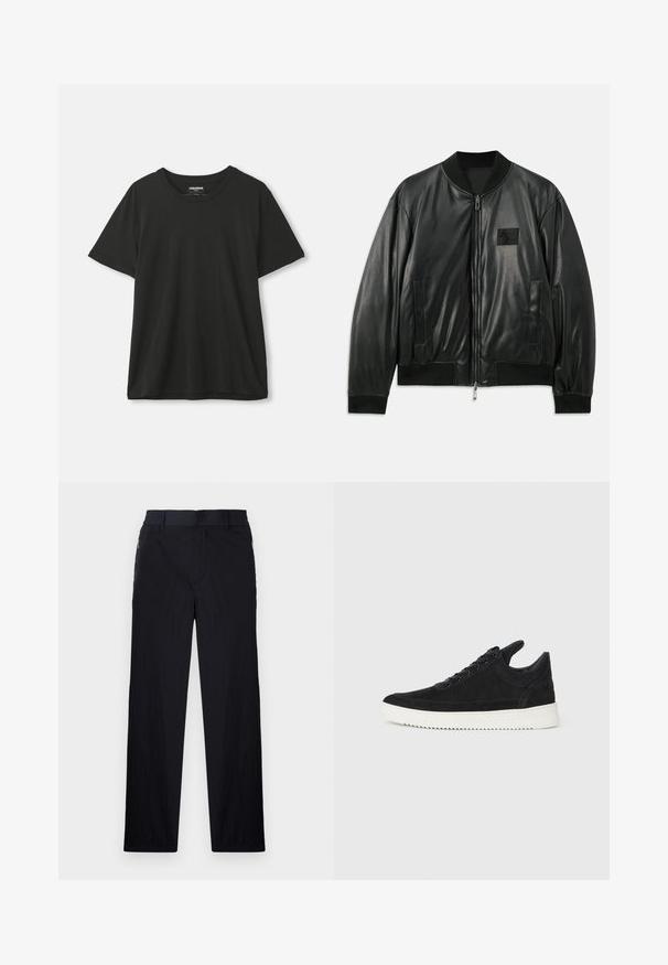 Črna usnjena bomber jakna z zadrgo na sprednji strani, rebrastimi manšetami in robom ter stranskimi žepi; ima majhen logotipni žep na prsih.; Črna majica s kratkimi rokavi in krožnim izrezom, obešena na enostavni beli ozadju, oznaka vidna v ovratniku.; Črne hlače iz lahke, teksturirane tkanine, ravne noge, elastičen pas in stranski žepki na zadrgo.; Črne semiš športne copate z belo gumijasto podplatom, ki imajo toneče šive in vezalni dizajn. Gladka tekstura z modernim, poenoteno oblikovano silhueto.