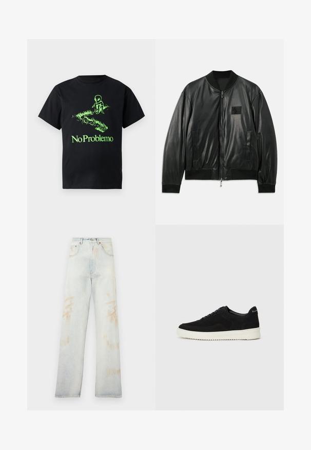 Crna kožna bomber jakna s patentnim zatvaračem sprijeda, rebrastim čarapa i porubom, te bočnim džepovima; s malom logom oznakom na prsima.; Crna pamučna majica s grafikom zelenog vanzemaljca i tekstom "No Problemo", s opuštenim krojem i kratkim rukavima.; Svijetloplave traperice s visokim strukom, širokim nogavicama i blagim izblijedjelim mrljama. Imaju tradicionalni dizajn s pet džepova i metalne detalje.; Crne nubuk tenisice s vezanjem i kontrastnom bijelom gumenom potplatom. Imaju teksturirane bočne panele i suptilno brendiranje na peti.