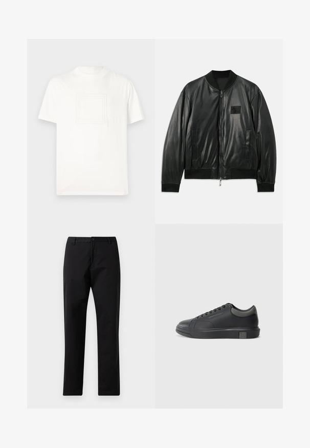 Juodas odinis bomber stiliaus švarkas su užtrauktuku priekyje, raštuotais rankogaliais ir apvadu, bei šoninėmis kišenėmis; ant krūtinės yra mažas logotipo pleistras.; Balta trumpa rankovė T-marškiniai, pagaminti iš lygaus medvilninio audinio, su tekstūruotu kvadrato logotipu priekyje. Apykaklė su apvaliu iškirpimu ir patogus siluetas.; Juodos tiesios kojos kelnės su mygtuku ir užtrauktuku, diržo kilpomis ir priekinėmis kišenėmis, pateiktos ant baltos fono.; Juodos odinės sportinės bateliai su lygiu paviršiumi, apvaliu nose ir tamsiai pilkais akcentais. Turi raištelių dizainą ir tekstūruotą gumos padas.