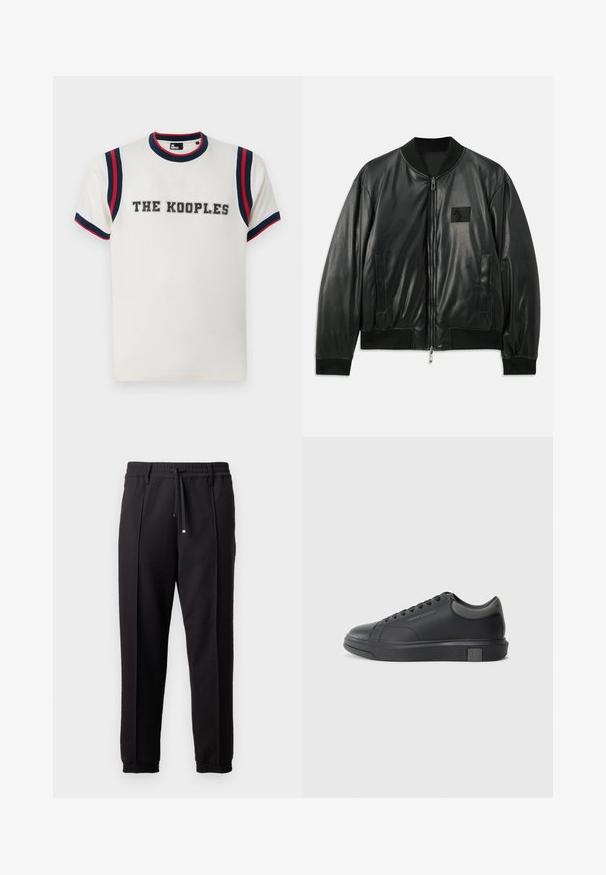 Czarna skórzana kurtka bomberka z zamkiem z przodu, prążkowanymi mankietami i dołem oraz bocznymi kieszeniami; posiada małą naszywkę z logo na klatce piersiowej.; Biała koszulka z okrągłym dekoltem, z niebieskimi i czerwonymi paskami na rękawach oraz wyhaftowanym wytłuszczonym napisem "THE KOOPLES" na przodzie.; Czarne spodnie z pasem, sznurkiem do regulacji i elastycznymi mankietami. Posiadają kanty oraz gładki, teksturowany materiał.; Czarne skórzane sneakersy o gładkim wykończeniu, zaokrąglonym nosku i ciemnoszarych akcentach. Posiadają sznurowaną konstrukcję oraz teksturowaną gumową podeszwę.