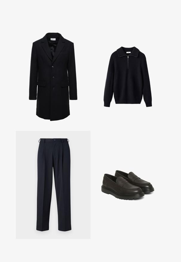 Dunkelblauer Wollmantel mit tailliertem Schnitt, einreihigem Design, Spitzenrevers und zwei Fronttaschen, mit Knopfverschluss.; Schwarzer gestrickter Pullover mit einem gerippten Textur, einem breiten Kragen und einem halblangen Reißverschluss an der Vorderseite. Lange Ärmel und eine lockere Passform.; Hellblaues Hemd mit langen Ärmeln, einem spitzen Kragen und weißen Knöpfen. Verfügt über ein gemustertes Innenfutter am Kragen. Glatte Stofftextur.; Marineblaue Hosen aus einem glatten Stoff, mit geradem Schnitt, gefaltetem Vorderteil und einem Knopfverschluss an der Taille.; Braune Lederschlüpfschuhe mit glatter Oberfläche, gepolstertem Kragen und strukturiertem Design. Verfügt über eine schwarze Gummisohle mit Rillenmuster.
