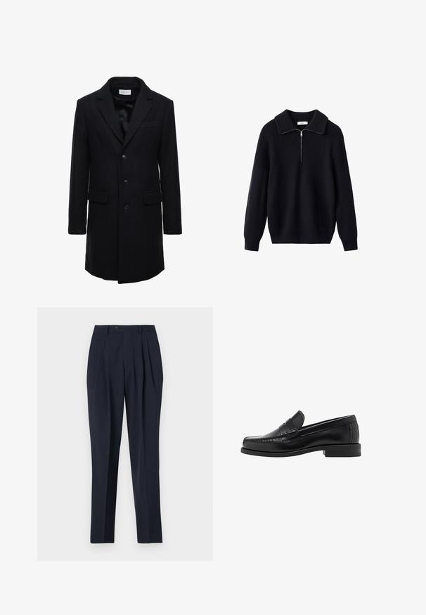 Dark navy wool coat with a tailored fit, single-breasted design, peak lapels, and two front pockets, featuring a button closure.; Black knitted sweater featuring a ribbed texture, a wide collar, and a half-length zipper at the front. Long sleeves and a relaxed fit.; Light blue button-up shirt with long sleeves, a pointed collar, and white buttons. Features a patterned interior collar. Smooth fabric texture.; Navy trousers with a high waist, pleated front, and a single button closure. Fabric appears smooth with a tailored fit and straight leg design.; Black leather loafers with a smooth finish, stitched detailing on the toe, and a low heel design for comfort and style.