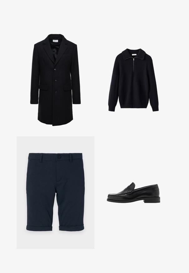 Dark navy wool coat with a tailored fit, single-breasted design, peak lapels, and two front pockets, featuring a button closure.; Black knitted sweater featuring a ribbed texture, a wide collar, and a half-length zipper at the front. Long sleeves and a relaxed fit.; Light blue button-up shirt with long sleeves, a pointed collar, and white buttons. Features a patterned interior collar. Smooth fabric texture.; Navy blue shorts made of cotton with a smooth texture, featuring rolled cuffs and a button closure at the waist.; Black leather loafers with a smooth finish, stitched detailing on the toe, and a low heel design for comfort and style.