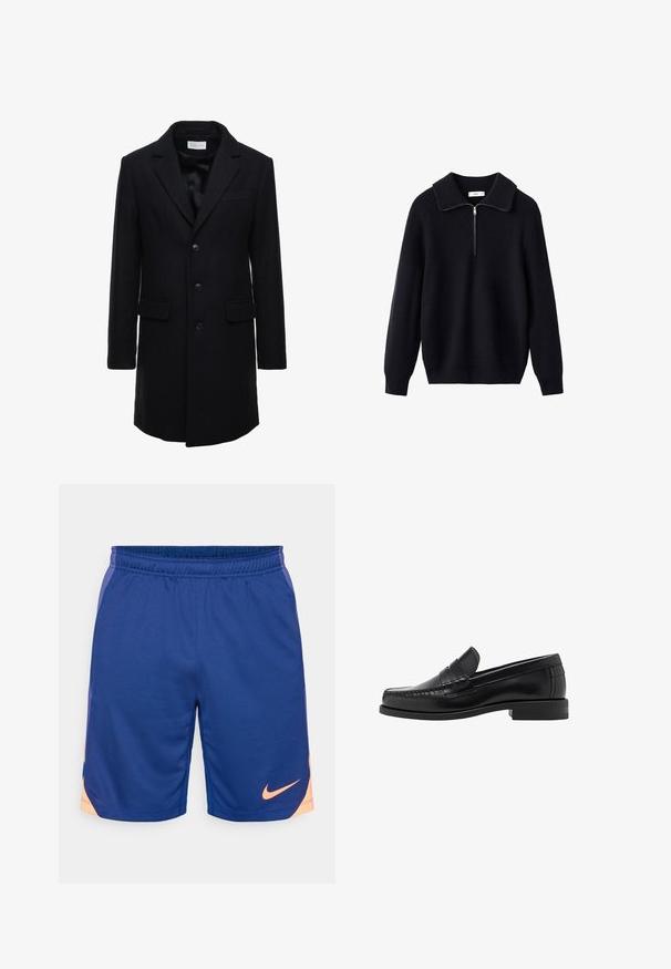 Tummansininen villatakki, joka on muotoiltu istuvaksi, yksirivinen malli, huippulaput ja kaksi etutaskua, joissa on napitus.; Mustan neulepaidassa on railsimainen pinta, leveä kaulus ja puolipitkä vetoketju edessä. Pitkät hihat ja rento istuvuus.; Vaaleansininen nappikauluspaita, jossa on pitkähihaiset hihat, teräväkauluksinen ja valkoisia nappeja. Sisällä kauluksessa on kuvioitu kangas. Materiaali on sileää.; Siniset urheiluhousut, jotka on valmistettu hengittävästä kankaasta. Niissä on joustava vyötärönauha ja oranssi Nike-logo vasemmassa alareunassa.; Musta nahkayksilöinen loafersi, jossa on sileä pinta, ommellut yksityiskohdat varpaisiin ja matala kanta mukavuutta ja tyyliä varten.