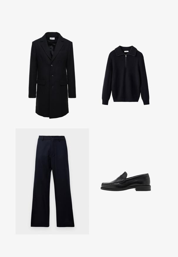Tmavo modrý vlněný kabát s přiléhavým střihem, jednobotonový design, špičaté klopy a dvě přední kapsy, s knoflíkovým zapínáním.; Čierny pletený sveter s rebrovanou textúrou, širokým golierom a polovičným zipsom vpredu. Dlhé rukávy a voľný strih.; Svetlo modrá košeľa na gombíky s dlhými rukávmi, so špicatým golierom a bielymi gombíkmi. Má vzorovanú vnútornú časť goliera. Hladká textúra látky.; Čierne nohavice s vysokým pásom a širokými nohavicami, s pútkami na opasok, predným gombíkom a zipsom na jednofarebnom bielom pozadí.; Čierne kožené loafers s hladkým povrchom, prešívané detaily na špičke a nízky dizajn podpätku pre pohodlie a štýl.