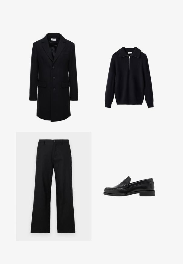 Manteau en laine bleu marine foncé au fit ajusté, à boutonnage simple, avec revers en pointe et deux poches à l'avant, doté d'une fermeture à bouton.; Pull noir en tricot avec une texture côtelée, un col large et une fermeture éclair à mi-hauteur à l'avant. Manches longues et coupe décontractée.; Chemise bleu clair à manches longues, avec un col pointu et des boutons blancs. Présente un col intérieur à motifs. Texture de tissu lisse.; Pantalon noir à jambe droite en coton, doté d'une fermeture à bouton et de passants de ceinture. Texture lisse sans motifs ni accents visibles.; Mocassins en cuir noir avec une finition lisse, des coutures sur le bout et un design à talon bas pour le confort et le style.
