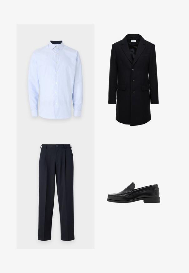 Donkerblauwe wollen jas met een getailleerde pasvorm, een enkelgeknoopt ontwerp, pieklapels en twee zijzakken, voorzien van een knoopsluiting.; Zwarte gebreide trui met een ribbelstructuur, een brede kraag en een ritssluiting tot de helft aan de voorkant. Lange mouwen en een relaxte pasvorm.; Lichtblauw gestreept overhemd met lange mouwen en een button-down kraag, voorzien van witte knopen, detail bij de manchetten en een effen donkere kraag.; Navyblauwe broeken gemaakt van een gladde stof, met een rechte snit, geplooide voorkant en een knoopsluiting bij de taille.; Zwarte leren instappers met een gladde afwerking, gestikte details op de neus en een lage hakontwerp voor comfort en stijl.