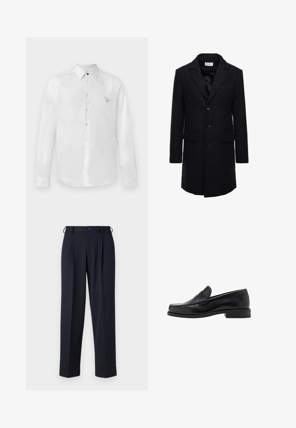 Cămașă din lână de un albastru închis, cu un croi ajustat, design cu un singur rând de nasturi, rever în vârf și două buzunare frontale, având închidere cu nasture.; Pulover negru din tricot cu o textură ribbed, guler larg și un fermoar la jumătate în față. Mâneci lungi și croială relaxată.; Cămașă albă cu mânecă lungă dintr-un material neted, având un nasture albastru și un mic design brodat pe partea stângă. Deschidere cu nasturi în față și guler.; Pantaloni bleumarin dintr-un material neted, cu un croi drept, față pliată și închidere cu nasture la talie.; Mocasini negri din piele, cu un finisaj neted, detalii cusute pe vârf și un design cu toc jos pentru confort și stil.