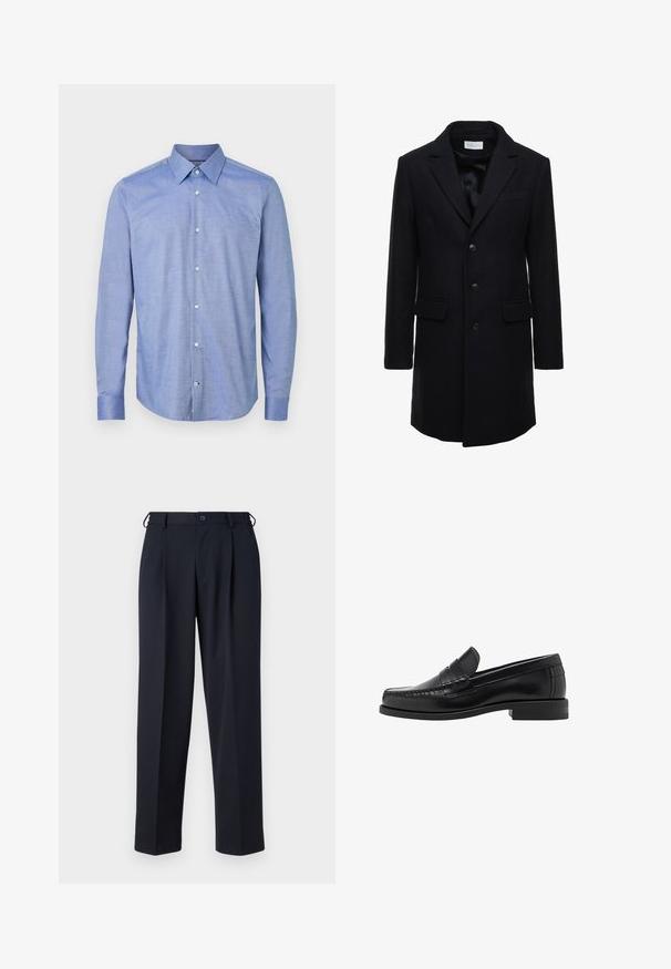 Cappotto in lana di un blu scuro, con una vestibilità su misura, design a un petto, revers a punta e due tasche frontali, dotato di chiusura con bottone.; Maglione nero lavorato a maglia con una texture a coste, un ampio colletto e una zipper a metà lunghezza sul davanti. Maniche lunghe e vestibilità rilassata.; Camicia azzurra chiaro con maniche lunghe e bottoni, realizzata in tessuto intrecciato con una sottile texture, dotata di colletto a punta e orlo arrotondato.; Pantaloni blu navy realizzati in un tessuto liscio, con un taglio dritto, fronte plissé e chiusura con bottone in vita.; Mocassini in pelle nera con una finitura liscia, dettagli cuciti sulla punta e un design a tacco basso per comfort e stile.