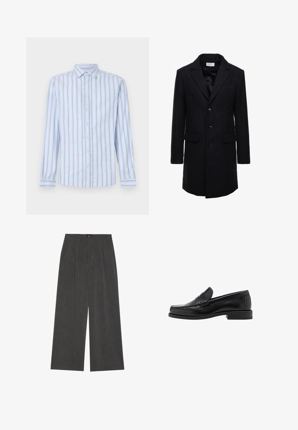 Czarny wełniany płaszcz w granatowym kolorze o dopasowanym kroju, zapinany na jeden guzik, z szpiczastymi klapami i dwiema przednimi kieszeniami.; Czarny sweter dzianinowy z prążkowaną teksturą, szerokim kołnierzem oraz półdługim zamkiem z przodu. Długie rękawy i luźny krój.; Jasnoniebieska koszula z długim rękawem w białe i granatowe pionowe paski, z kołnierzykiem zapinanym na guziki i zapięciem na guziki z przodu. Wyraźna tekstura tkaniny.; Spodnie o szerokich nogawkach w ciemnoszarym kolorze, z plisowanym przodem, dwiema bocznymi kieszeniami i płaskim pasem. Gładka tekstura i dopasowany krój.; Czarne skórzane mokasyny o gładkim wykończeniu, ze stębnowaniem na nosie i niskim obcasem, zapewniającymi komfort i styl.