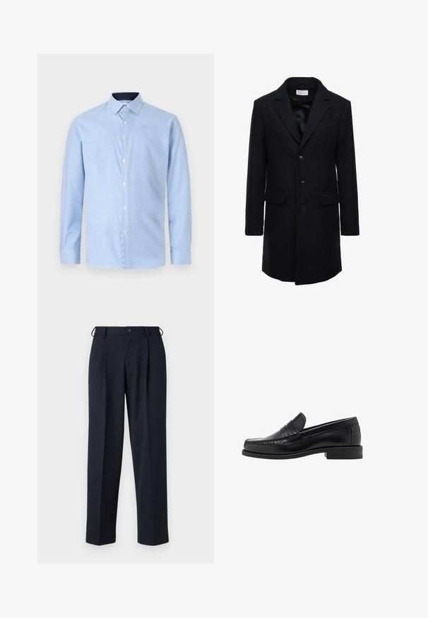 Dark navy wool coat with a tailored fit, single-breasted design, peak lapels, and two front pockets, featuring a button closure.; Black knitted sweater featuring a ribbed texture, a wide collar, and a half-length zipper at the front. Long sleeves and a relaxed fit.; Long-sleeve button-up shirt in light blue with a small check pattern, white buttons, and a contrasting dark blue collar. Soft texture.; Navy blue trousers made of a smooth fabric, featuring a straight cut, pleated front, and a button closure at the waist.; Black leather loafers with a smooth finish, stitched detailing on the toe, and a low heel design for comfort and style.