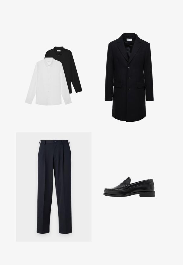 Dark navy wool coat with a tailored fit, single-breasted design, peak lapels, and two front pockets, featuring a button closure.; Black knitted sweater featuring a ribbed texture, a wide collar, and a half-length zipper at the front. Long sleeves and a relaxed fit.; White and black long-sleeve shirts with pointed collars, front buttons, and a smooth fabric texture. Labels visible on the inside neck.; Navy blue trousers made of a smooth fabric, featuring a straight cut, pleated front, and a button closure at the waist.; Black leather loafers with a smooth finish, stitched detailing on the toe, and a low heel design for comfort and style.