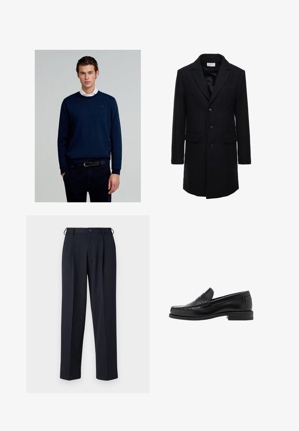 Tummansininen villatakki, joka on muotoiltu istuvaksi, yksirivinen malli, huippulaput ja kaksi etutaskua, joissa on napitus.; Merinovillapaita, joka on valmistettu neuloksesta, jossa on pyöreä pääntie, pitkät hihat ja huomaamaton logo rinnassa, yhdistettynä tummiin housuihin ja vyöhön.; Vaaleansininen nappikauluspaita, jossa on pitkähihaiset hihat, teräväkauluksinen ja valkoisia nappeja. Sisällä kauluksessa on kuvioitu kangas. Materiaali on sileää.; Tummansinisiä housuja, jotka on valmistettu sileästä kankaasta. Niissä on suora leikkaus, poimutettu etuosa ja nappikiinnitys vyötäröllä.; Musta nahkayksilöinen loafersi, jossa on sileä pinta, ommellut yksityiskohdat varpaisiin ja matala kanta mukavuutta ja tyyliä varten.