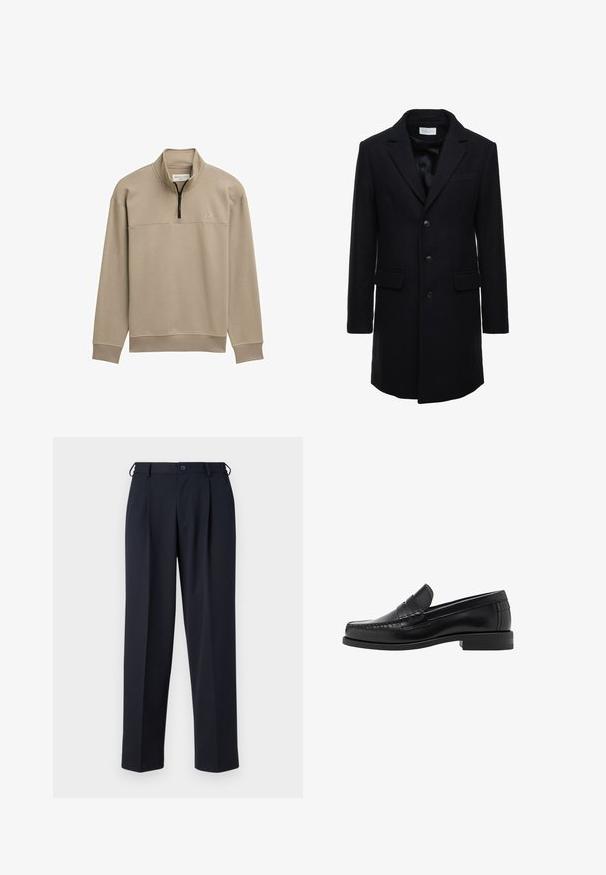Tmavo modrý vlněný kabát s přiléhavým střihem, jednobotonový design, špičaté klopy a dvě přední kapsy, s knoflíkovým zapínáním.; Béžový fleecový pulóver s polovičným zipsom, rebrovanými manžetami a lemom a panelom na hrudi. Má jemné logo na ľavej strane.; Svetlo modrá košeľa na gombíky s dlhými rukávmi, so špicatým golierom a bielymi gombíkmi. Má vzorovanú vnútornú časť goliera. Hladká textúra látky.; Námornícky modré nohavice vyrobené z hladkej tkaniny, s rovnými nohavicami, skladaným predným dielom a gombíkovým zapínaním v páse.; Čierne kožené loafers s hladkým povrchom, prešívané detaily na špičke a nízky dizajn podpätku pre pohodlie a štýl.