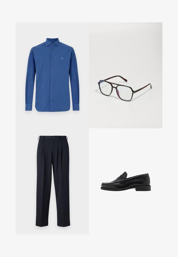 Temno moder volnen plašč s krojem, ki se prilega telesu, enojno zapenjanje, s picoleti, in dvema sprednjima žepoma, ima zapiranje na gumb.; Modra srajca z dolgimi rokavi iz bombaža, ki ima zapenjanje spredaj, klasičen ovratnik in subtilno vezenje logotipa na prsih.; Temno modri hlače iz gladkega blaga, s ravnim krojem, z gubami spredaj in z gumbom za zapiranje v pasu.; Črne usnjene loafer čevlje z gladko površino, šivani detajli na prstu in nizka peta za udobje in stil.; Sončna očala s torto iz školjk, kvadrilateralne oblike, opremljena s prozornimi lečami in tankimi kovinskimi detajli na okviru.