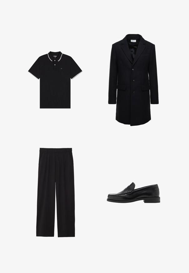 Donkerblauwe wollen jas met een getailleerde pasvorm, een enkelgeknoopt ontwerp, pieklapels en twee zijzakken, voorzien van een knoopsluiting.; Zwarte poloshirt van structuurstof, met een omgeslagen kraag met witte accenten, een knoopsluiting met twee knopen en een klein logo op de borst.; Lichtblauw overhemd met lange mouwen, een puntige kraag en witte knopen. Beschikt over een patroon aan de binnenkant van de kraag. Gladde stoftextuur.; Zwarte wijde broek met geplooide voorkant, zijzakken en een gladde stoftextuur. Ontworpen voor een ontspannen pasvorm.; Zwarte leren instappers met een gladde afwerking, gestikte details op de neus en een lage hakontwerp voor comfort en stijl.