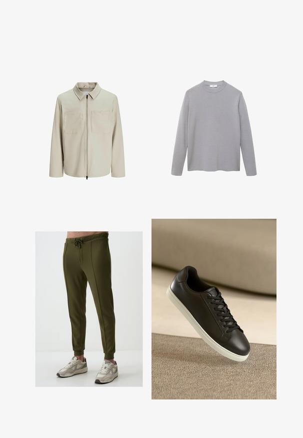 Beżowa kurtka wykonana z miękkiego materiału, z kołnierzem, zamek błyskawiczny z przodu i dwoma dużymi kieszeniami na piersiach. Długie rękawy o luźnym kroju.; Szara bluzka z długim rękawem, wykonana z miękkiego, gładkiego materiału. Posiada okrągły dekolt, minimalistyczny design oraz prosty dół bez dodatkowych zdobień.; Olive green joggery z elastycznym pasem, zwężanymi nogawkami i bocznymi szwami. W połączeniu z beżowymi i szarymi sneakersami sportowymi.; Czarne skórzane sneakersy z białą gumową podeszwą i czarnymi sznurowadłami, umieszczone na beżowej tkaninie w tle.