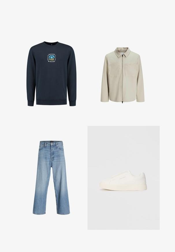 Giacca beige realizzata in tessuto morbido, dotata di colletto, zip frontale e due ampie tasche sul petto. Maniche lunghe con una vestibilità rilassata.; Felpa blu navy con maniche lunghe, collo a giro, e una grafica centrale che presenta una scena di spiaggia. Tessuto morbido con polsini e orlo a coste.; Jeans blu chiaro a gamba larga realizzati in denim, con vita alta, classico design a cinque tasche e chiusura a bottone con zip.; Sneakers bianchi slip-on con superficie texturizzata, suola spessa e design minimalista. Presentano il logo del marchio sul lato.