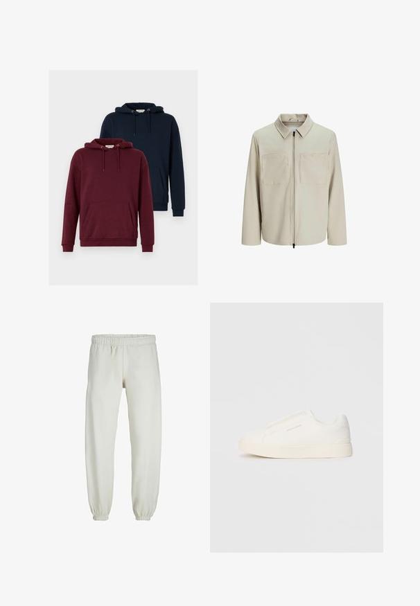 Beige Jacke aus weichem Stoff, mit Kragen, Frontreißverschluss und zwei großen Brusttaschen. Lange Ärmel mit lässiger Passform.; Zwei Kapuzenpullis: einer in Burgunderrot und einer in Marineblau. Beide verfügen über eine vordere Kängurutasche, eine verstellbare Kapuze, gerippte Bündchen und eine weiche Stoffstruktur.; Weiße Jogginghose aus weichem Stoff, mit elastischem Bund und Säumen, einer glatten Textur und lockerem Schnitt.; Weiße Slip-On-Sneaker mit einer strukturierten Oberfläche, dicker Sohle und minimalistischem Design. Mit Logo der Marke an der Seite.