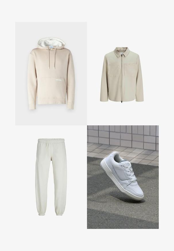 Bež jakk, mis on valmistatud pehmest kangast, millel on krae, ees zip ja kaks suurt rinna taskut. Pikad varrukad, millel on mugav lõige.; Beez värvi kapuutsiga, millel on valge äärisega kapuuts, nöörid ja eesmine tasku. Taskul on õrn logo. Valmistatud pehmest kangast.; Valged trennipüksid, mis on valmistatud pehmest kangast, elastse vöökoha ja mansettidega, sileda tekstuuri ja lõdva lõikega.; Valge nahkne toss, millel on perforeeritud külgedega, tekstuuriga aktsendid, lame pael ja kontrastne hall konts. Omab veidi tõstetud tallat.