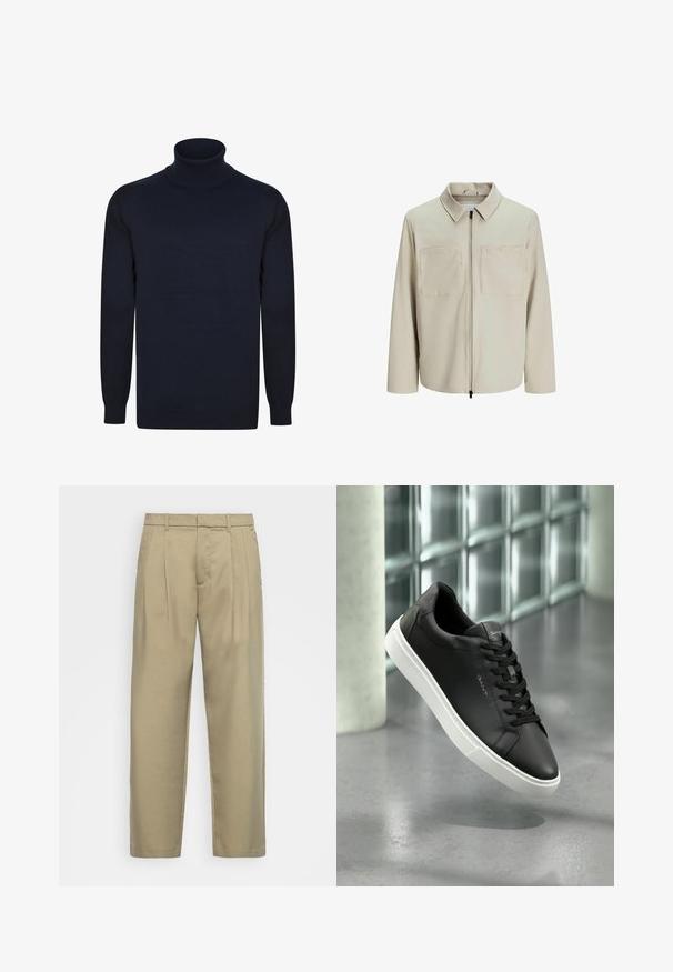 Beige Jacke aus weichem Stoff, mit Kragen, Frontreißverschluss und zwei großen Brusttaschen. Lange Ärmel mit lässiger Passform.; Dunkelblaues, geripptes Rollkragenshirt mit langen Ärmeln, aus glattem Strickstoff gefertigt, mit taillierter Silhouette und dehnbaren Bündchen.; Beige, hochgeschnittene Hose mit geradem Schnitt, flachem Bund, Seitentaschen und einem glatten, strukturierten Stoff.; Schwarze Ledersneaker mit weißer Gummisohle, runden Zehen und Schnürung. Verfügt über eine glatte Textur und dezente Markenkennzeichnung auf der Zunge.