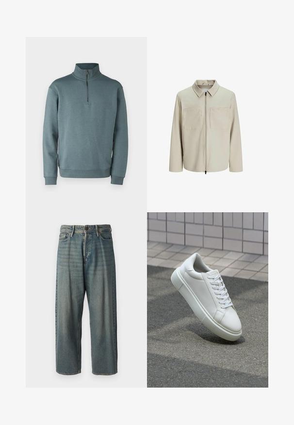 Bežna jakna iz mehkega blaga, z ovratnikom, sprednjim zadrgo in dvema velikima žepoma na prsih. Dolgi rokavi z ohlapnim fitom.; Jack & Jones JJEBRADLEY HALF ZIP - Športni pulover - goblin blue; Svetlomoderne kavbojke z ohlapnim krojem, srednjim pasom in ravnimi nogami. Imajo pet žepov, zanke za pas in zapiranje na gumb.; Bela usnjena teniska obutev z gladko površino, okroglo konico in ravnimi belimi vezalkami. Ima teksturiran gumijast podplat in minimalne oblikovalske elemente.