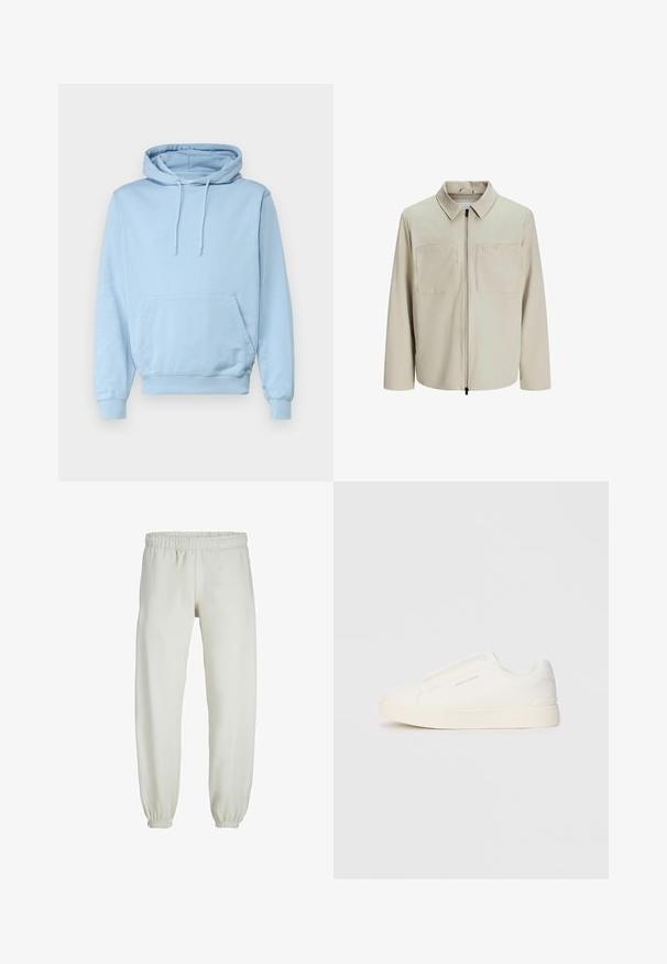Béžová bunda vyrobená z jemného materiálu, s golierom, predným zipsom a dvoma veľkými náprsníkmi. Dlhé rukávy s voľným strihom.; Svetlo modrá mikina s kapucňou vyrobená z jemného materiálu, s prednou klokankou a kapucňou so šnúrkou. Rúbané manžety a spodný lem.; Biele teplákové nohavice vyrobené z mäkkej textílie, s elastickým pásom a manžetami, s hladkým povrchom a voľným strihom.; Biele slip-on tenisky s textúrovaným povrchom, hrubou podrážkou a minimalistickým dizajnom. Obsahuje logo značky na boku.